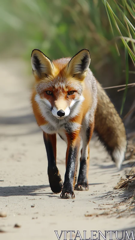 Red fox walking along sandy path in natural habitat.