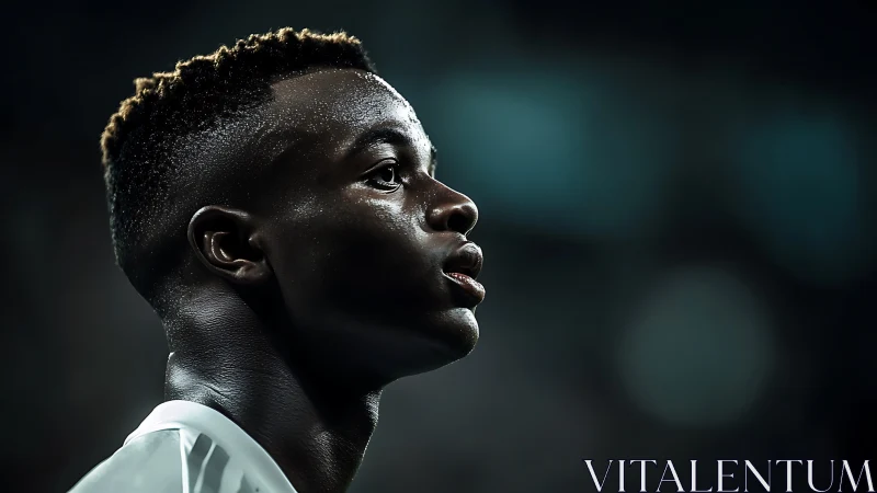 Side profile of football player under stadium floodlights.