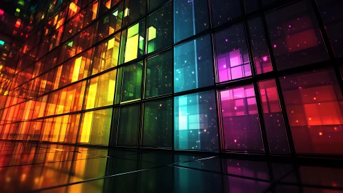 Neon glass grid wall with glowing abstract color bars.