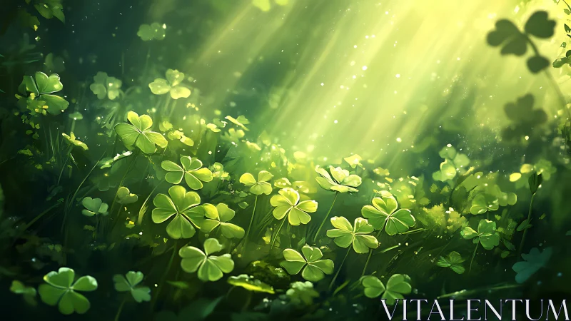 Sunlit clover meadow under soft green forest light.