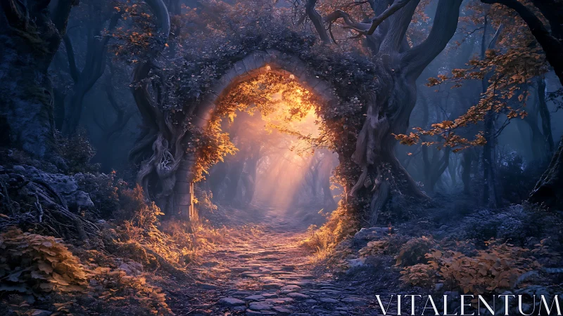 Stone archway frames illuminated forest path with foliage