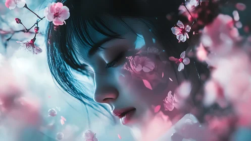 Profile portrait of woman amid soft-focus cherry blossoms.