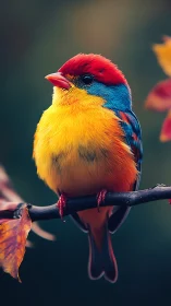 Vivid songbird rests on branch in soft autumn bokeh.