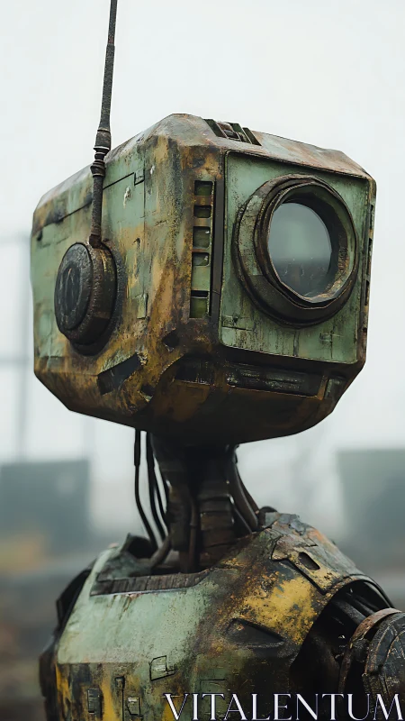 Rust-kissed scout robot gazes through the fog of forgotten fields.