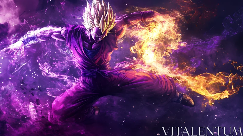 Fiery anime warrior unleashes power in neon cosmic storm