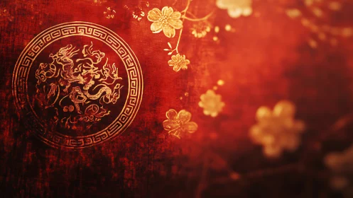 Ember dragons and golden blossoms on velvet dusk red.