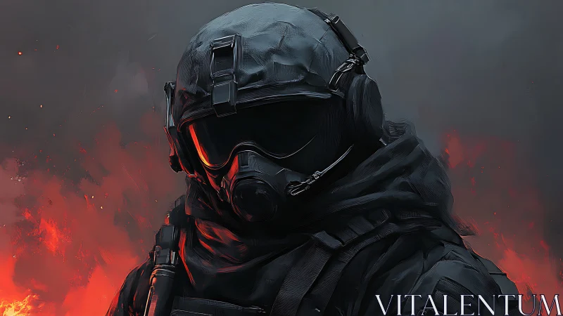 Tactical soldier in black gear before red firestorm.