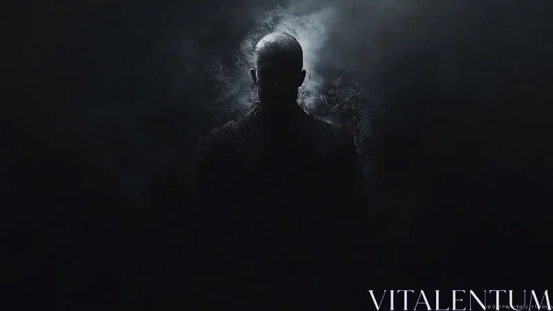 Silhouetted human figure in dark atmospheric backlit haze.