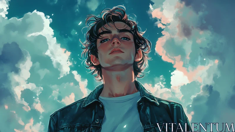 Low-angle atmospheric portrait with luminous cloudscape framing.