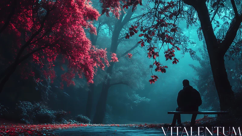 Chromatic forest bench under cyan mist and scarlet canopy.