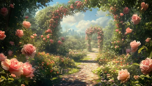 Garden pathway with flowering roses and distant cityscape view