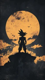 Silhouetted warrior stands before a vast, weathered moon.