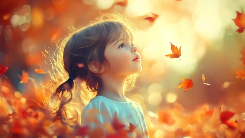 Child gazing upward amid falling autumn leaves in golden light.
