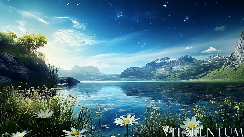 Starlit alpine lake under vivid blue sky and wildflowers.