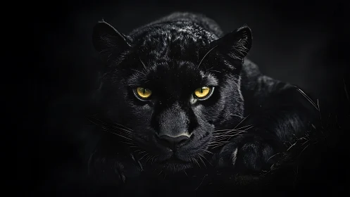 Black Panther Portrait with Luminous Eyes Against Dark Background