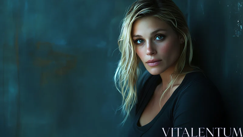 Blonde woman gazes intently against dark teal textured wall