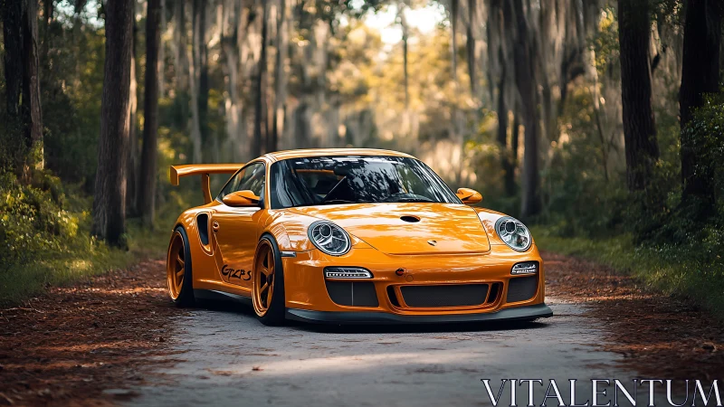 Orange track-spec sports car contrasts with shaded forest lane