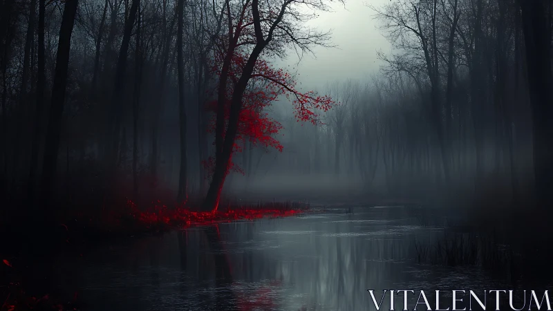 Solitary crimson tree punctuates a mist-laden twilight marsh