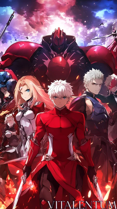 Red armored anime heroes stand united in fiery sky scene.