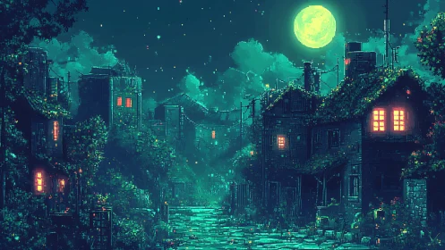 Pixel art nocturne street under luminous full moon glow.