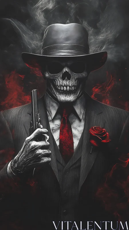 Skeletal mobster portrait in noir suit with red accents.