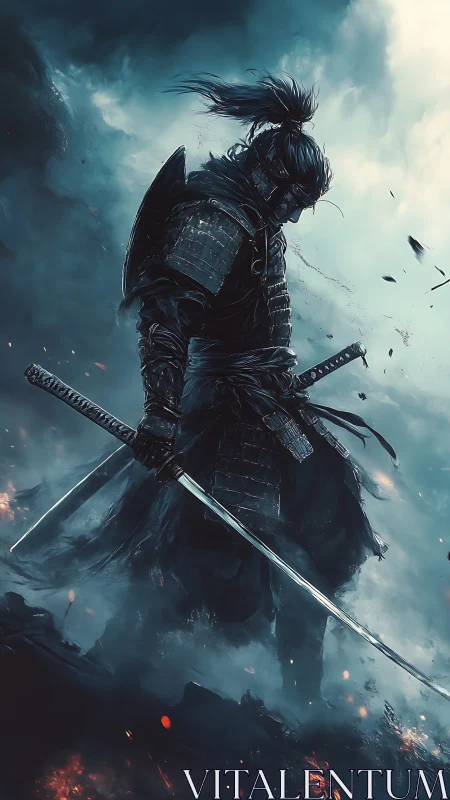 Armored samurai silhouette stands in stormy, ember‑lit battlefield