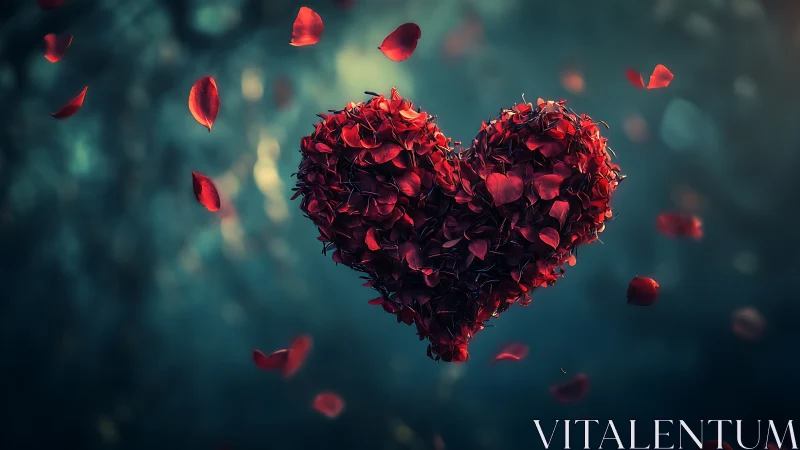 Heart Crafted from Crimson Petals Floating in Dreamy Mist