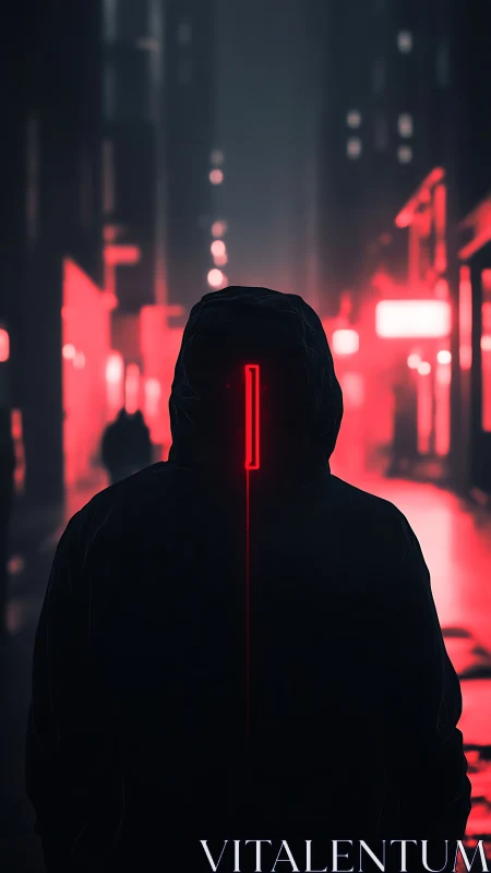 Cyberpunk hooded figure with neon red visor in alleyway.