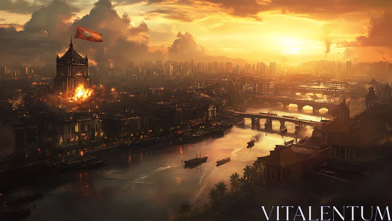 Burning imperial citadel dominates a sunset river metropolis.