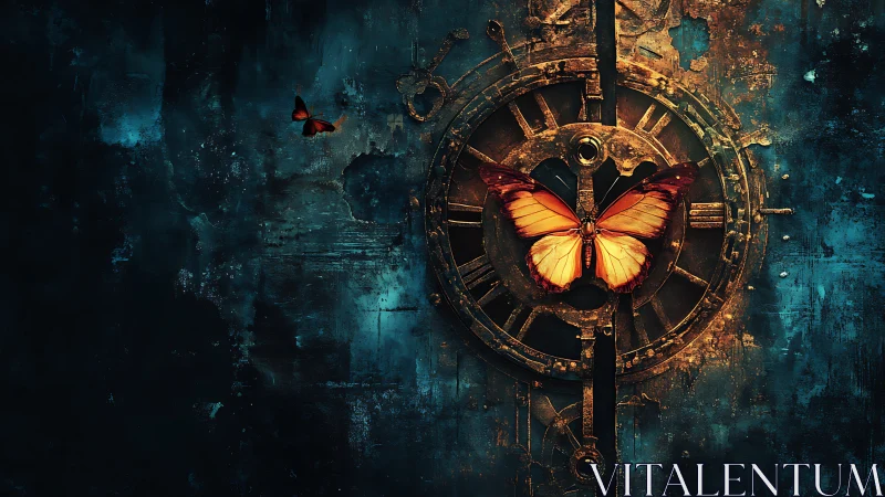 Radiant monarch butterfly anchored within oxidized clockwork.