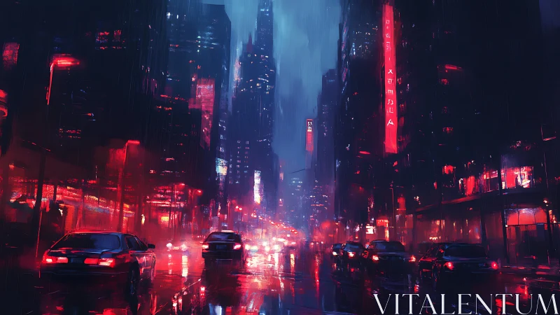 Neon city street glows under cold midnight rainstorm.