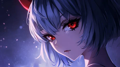 Side-profile portrait shows red-eyed character in cool light