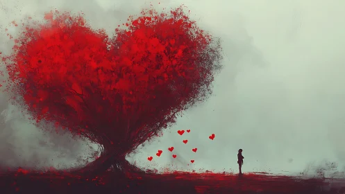 Particulate heart-form tree emits dispersing red particles into atmospheric gradient