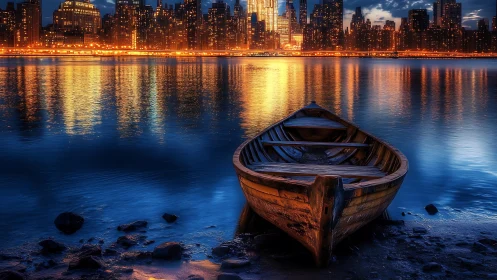 Lonely wooden boat rests quietly before a glowing city skyline