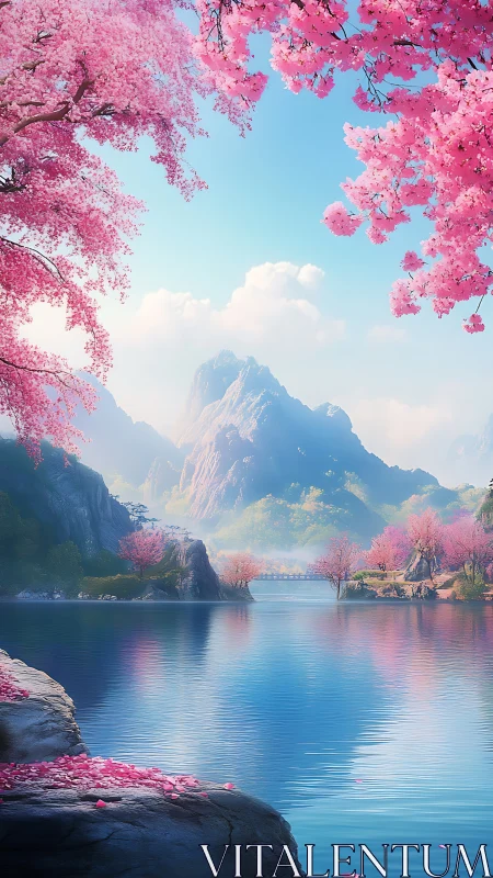 Serene lake and cherry blossoms under distant blue mountains.