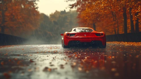 Scarlet supercar carves wet autumn road in cinematic rain