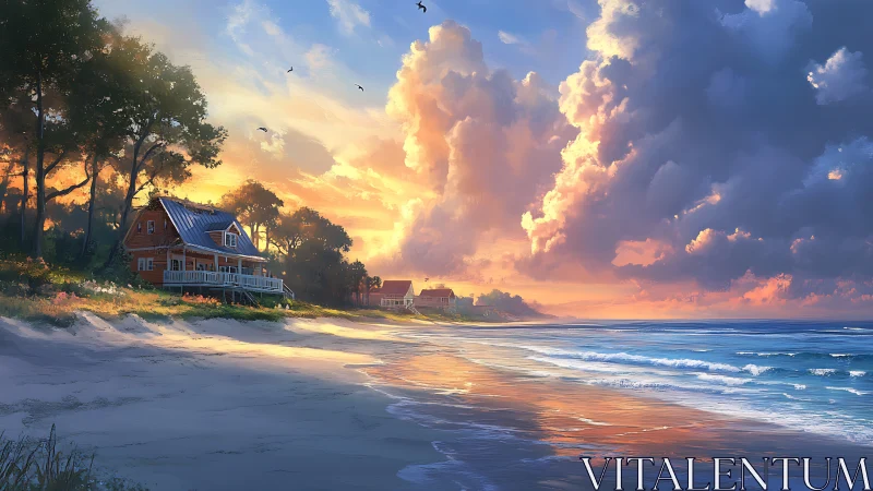 Coastal cottage under volumetric sunset cloud architecture.