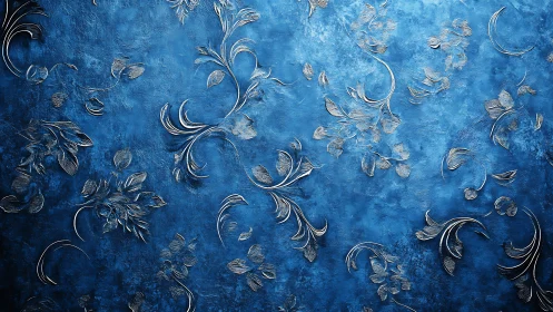 Ornate silver floral relief across textured cobalt canvas.