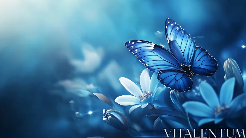 Blue butterfly rests on glowing flowers in cool blue light