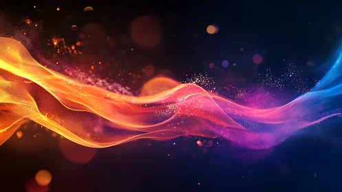 Colorful flowing light waves on dark abstract background.
