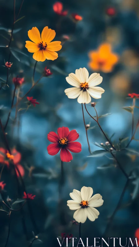 Colorful Cosmos Flowers Dancing in Dreamy Blue Light