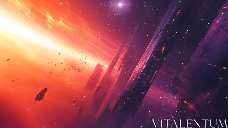 Vertical space megastructures drift through glowing nebula