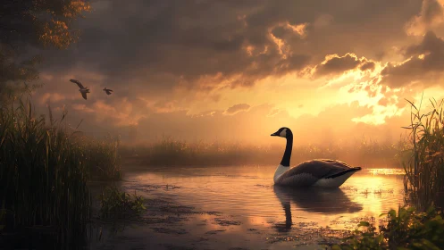 Solitary goose floats on reflective wetland at sunset