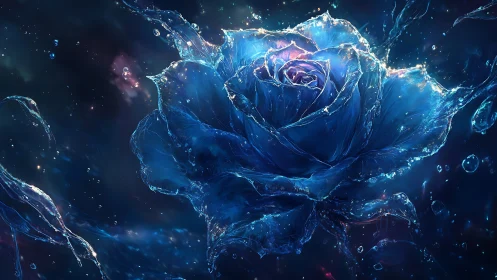 Luminous crystalline blue rose suspended in cosmic water.