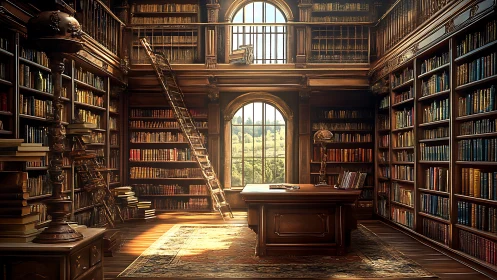 Sunlit two level library interior centers desk and shelves