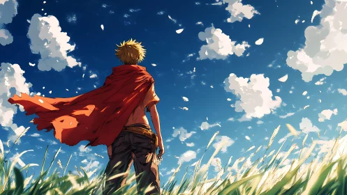 Red-caped youth stands in windy field under bright summer sky