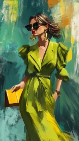 Confident woman in lime dress strolling through bold color.