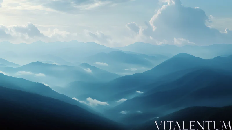 Gentle blue mountain layers relaxing under soft morning sky.