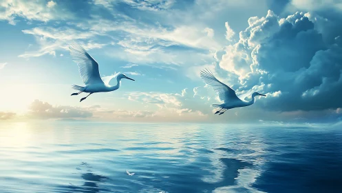 White egrets in flight over calm reflective ocean water.