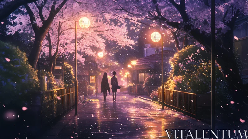 Gentle evening walk under rainy cherry blossom lanterns.